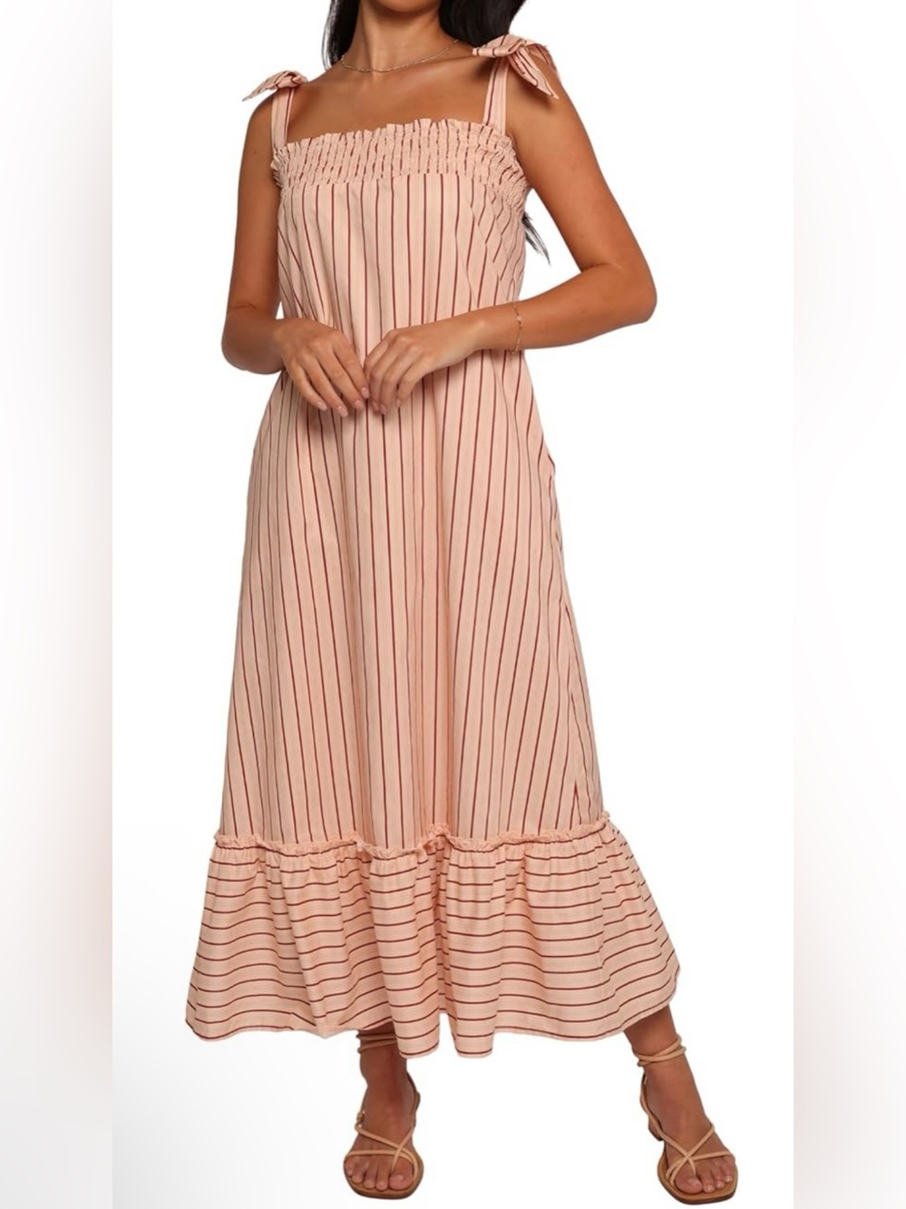 Petal & Pup Peach Blush Striped Tie-Shoulder Maxi Dress